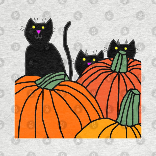 Three Black Cats in the Halloween Pumpkin Patch by ellenhenryart